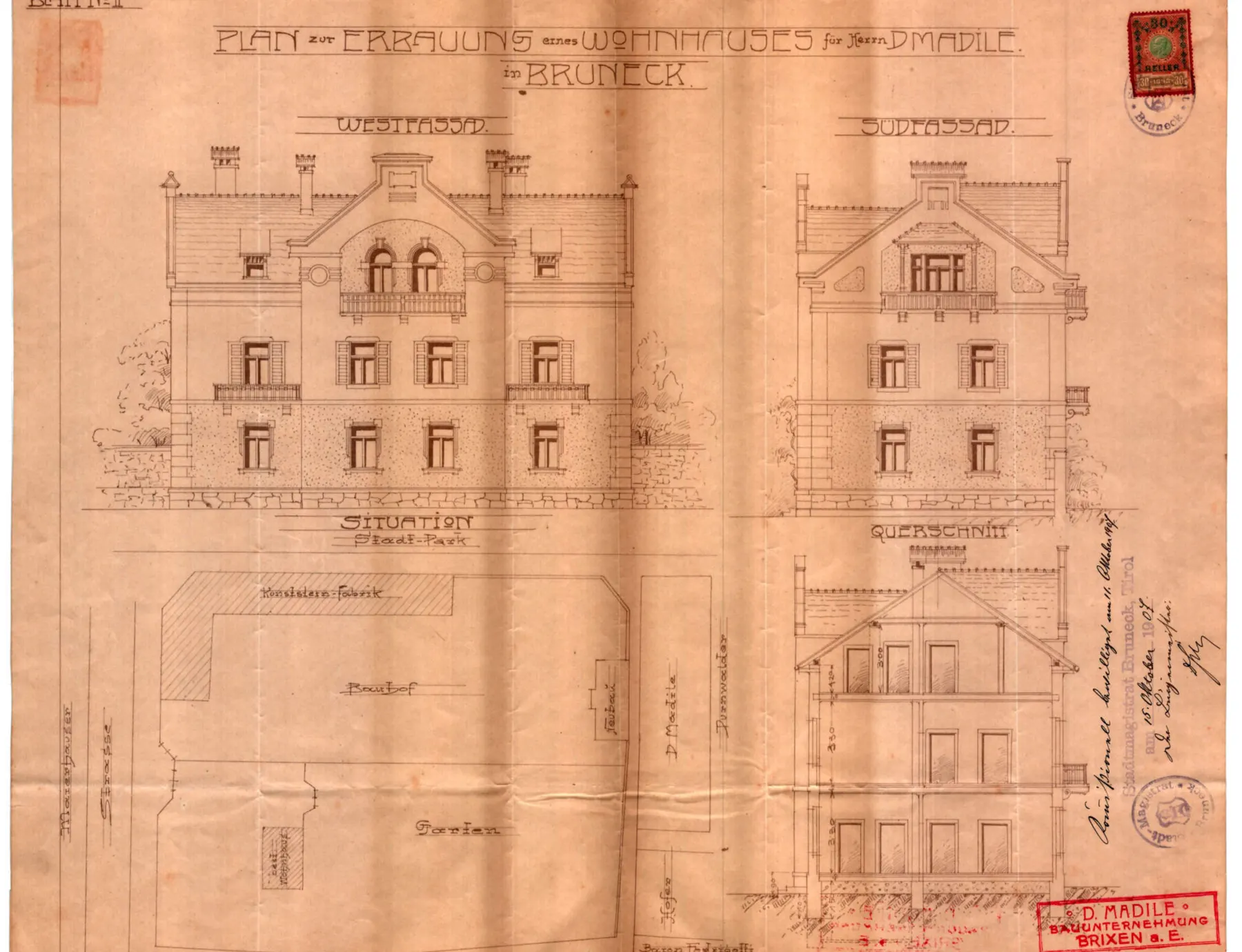 Il progetto originale del 1907: facciata ovest, facciata sud, planimetria e sezione, con il timbro del Comune di Brunico